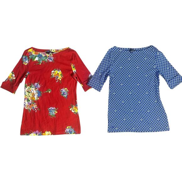 Lauren Ralph Lauren Lot of 2 Tops S/P Boat Neck Stretch Red Floral Blue Geo - Picture 1 of 12